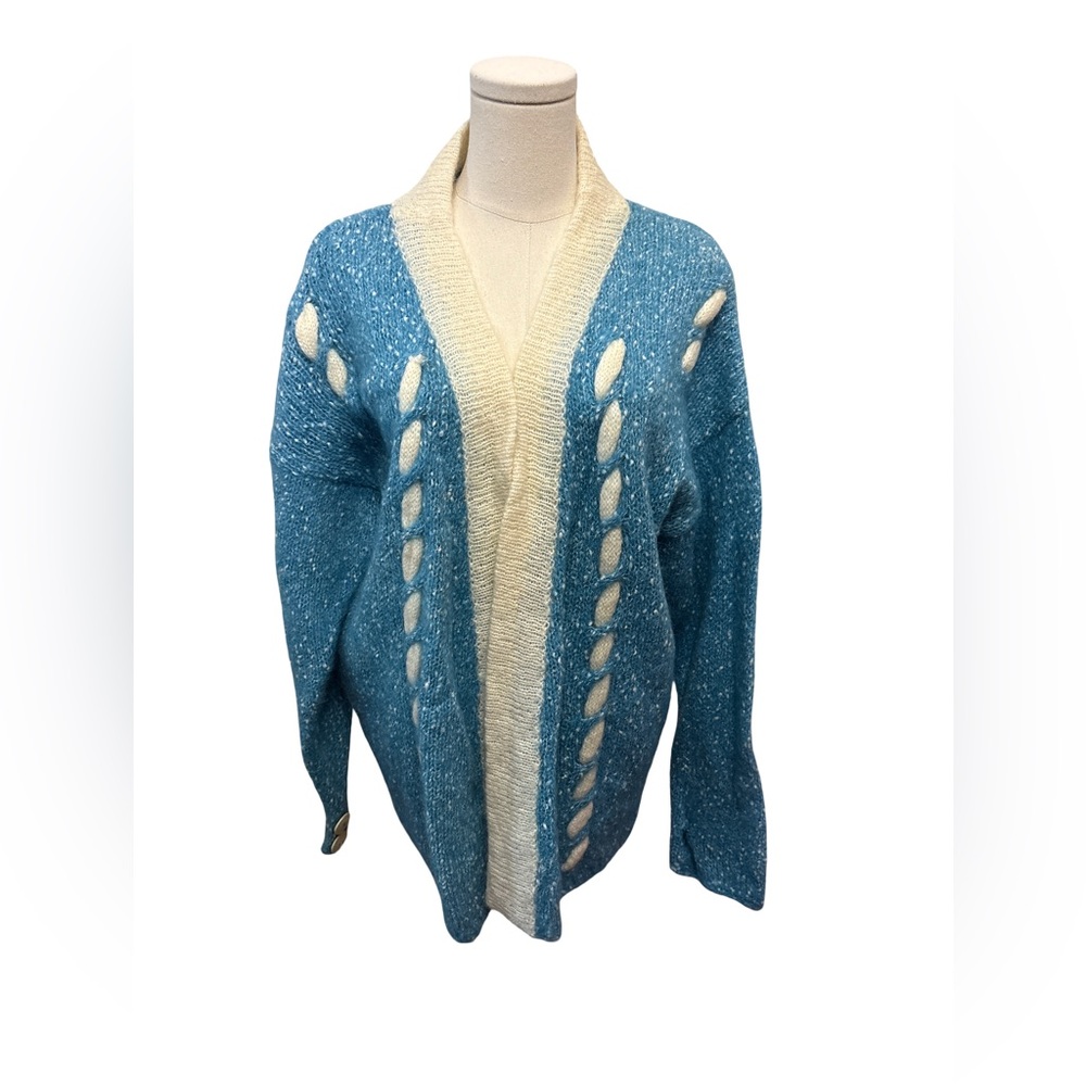 Vintage Blue and Cream Women's Sweater - size XL